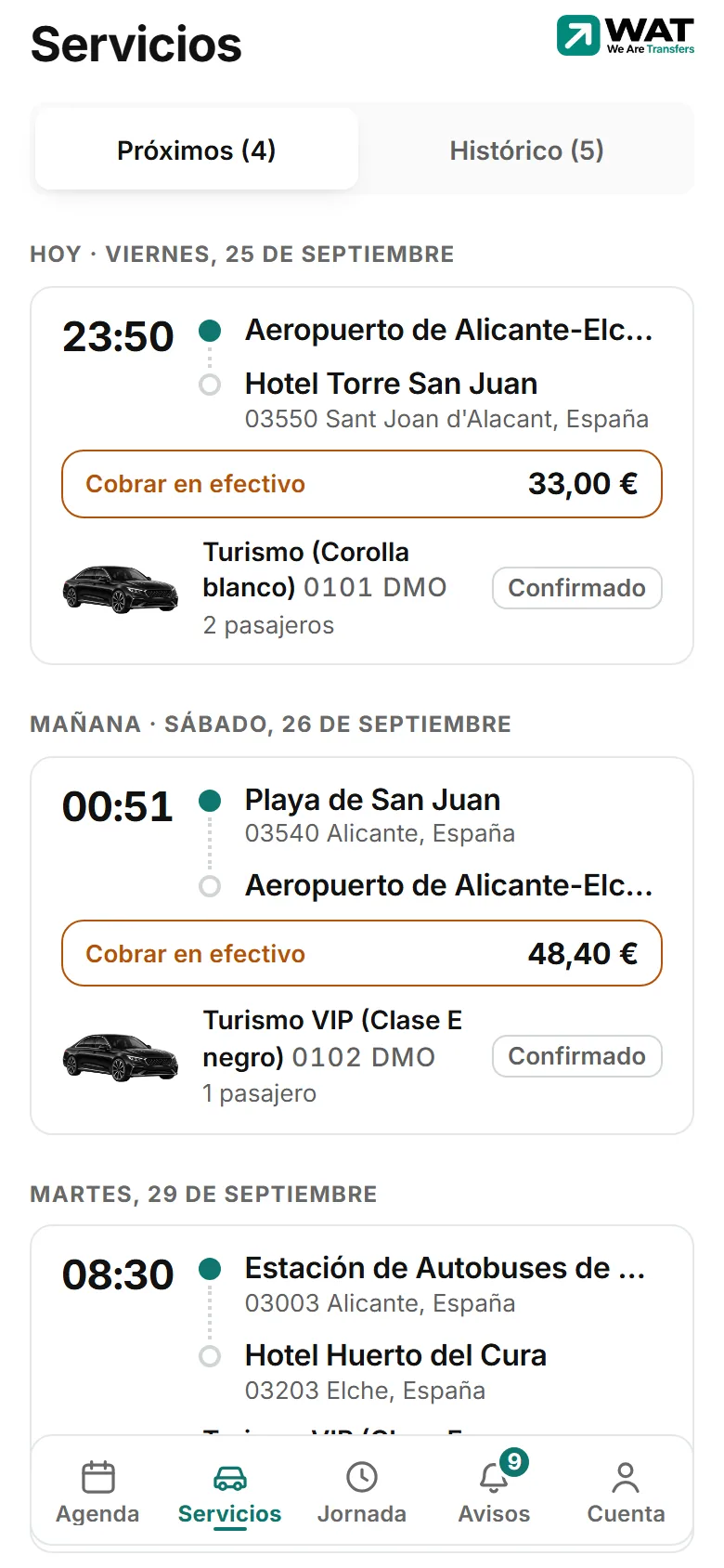 La lista de servicios del conductor con la hora, el trayecto y el estado de cada uno.