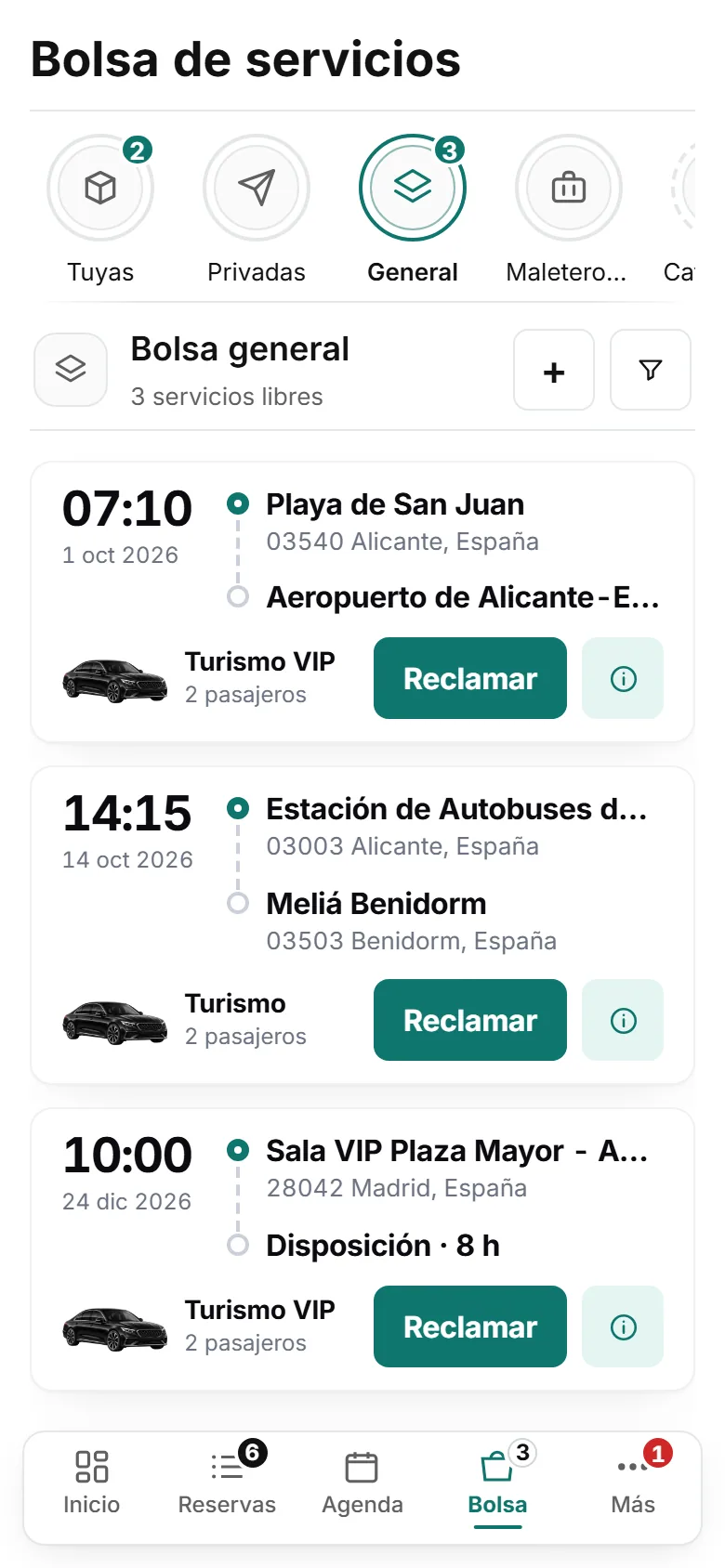 La bolsa de servicios en el móvil, con los círculos Tuyas, Privadas y General y las tarjetas de servicio con su botón «Reclamar».