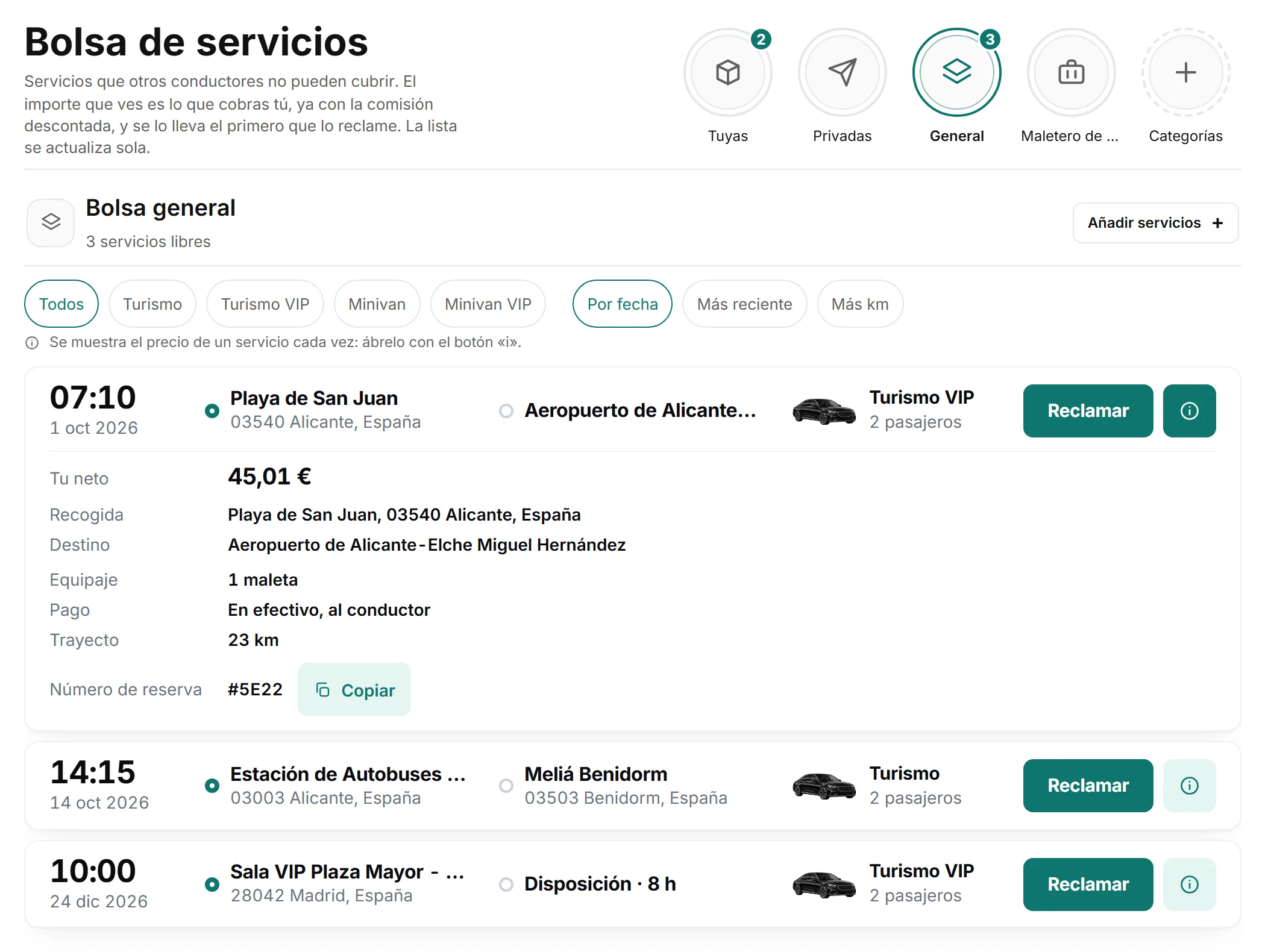 Un servicio de la bolsa con el panel de la «i» abierto: «Tu neto» con el importe, las direcciones, el equipaje, la forma de pago y el trayecto.
