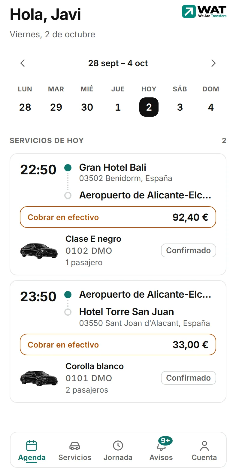 La app del conductor de WAT: «Hola, Javi» y los servicios de hoy, cada uno con su hora, su recogida y su destino.