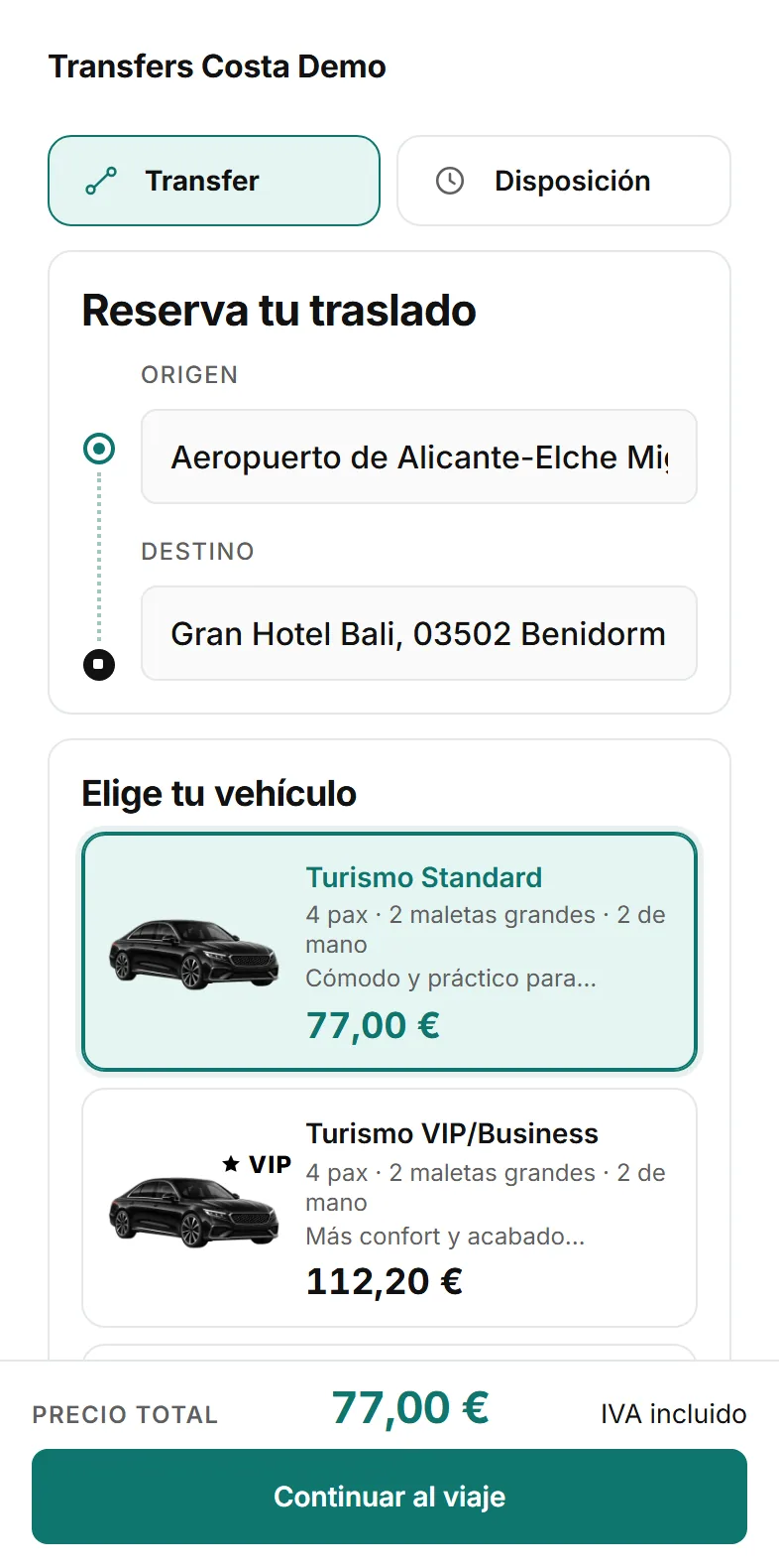 El motor de reservas de WAT en un móvil: origen «Aeropuerto de Alicante», destino «Gran Hotel Bali», los vehículos disponibles con su precio y el botón «Continuar al viaje».