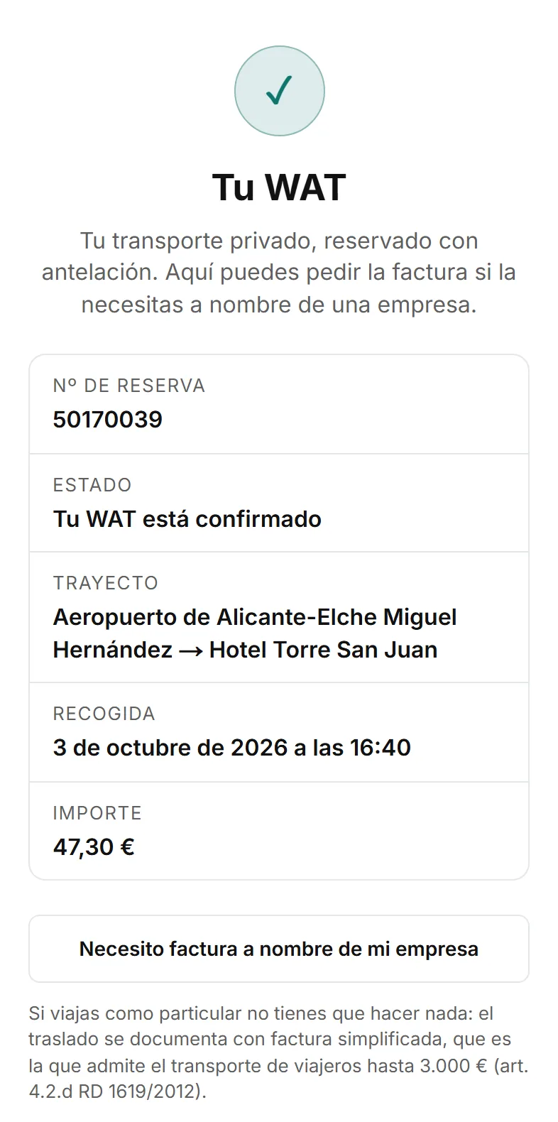 El justificante que recibe el cliente: «Tu WAT está confirmado», con el día, la hora, el trayecto y el precio de la reserva.