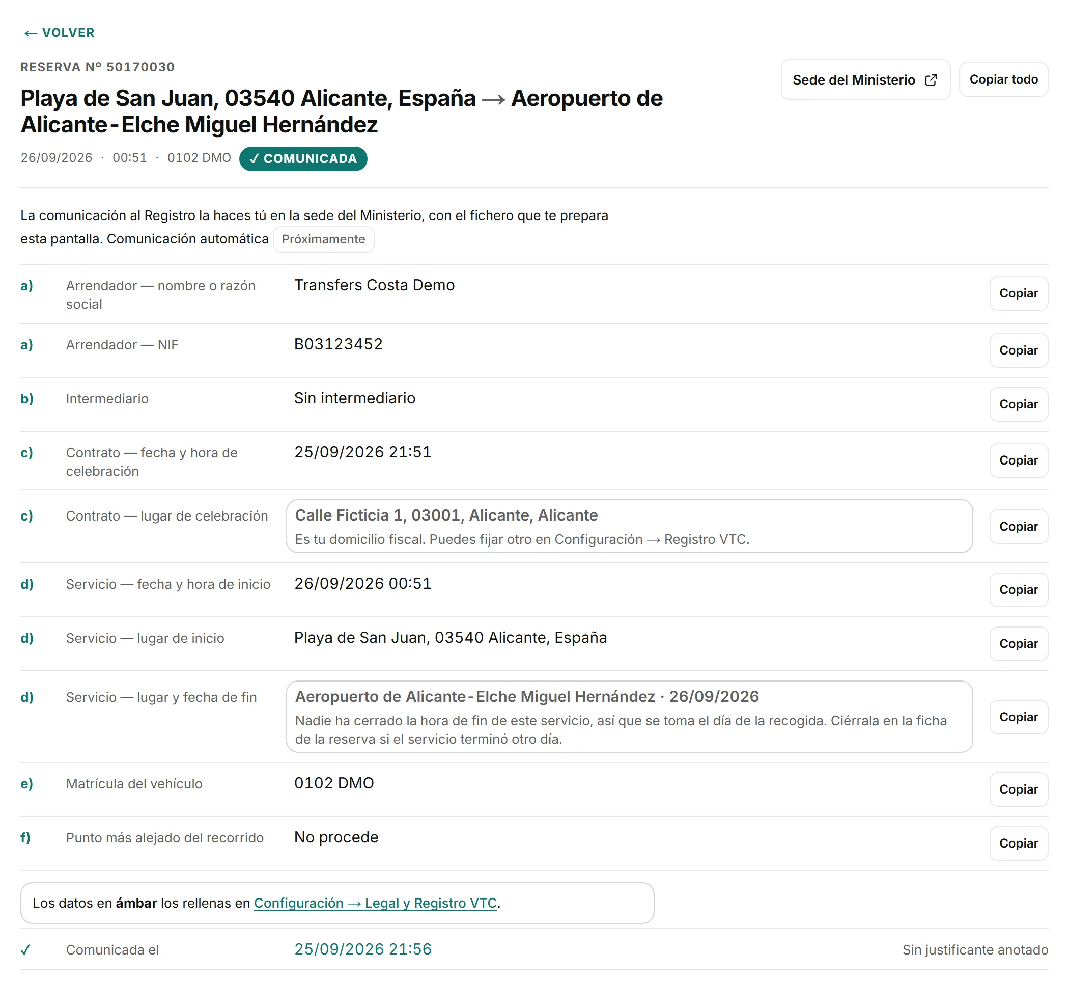 La ficha del Registro VTC de un servicio ya comunicado: arrendador, contrato, inicio y fin del servicio y matrícula, cada dato con su botón Copiar.
