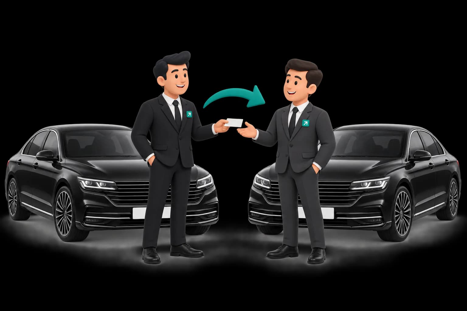 Dos conductores de empresas distintas, cada uno junto a su coche, se pasan un servicio.