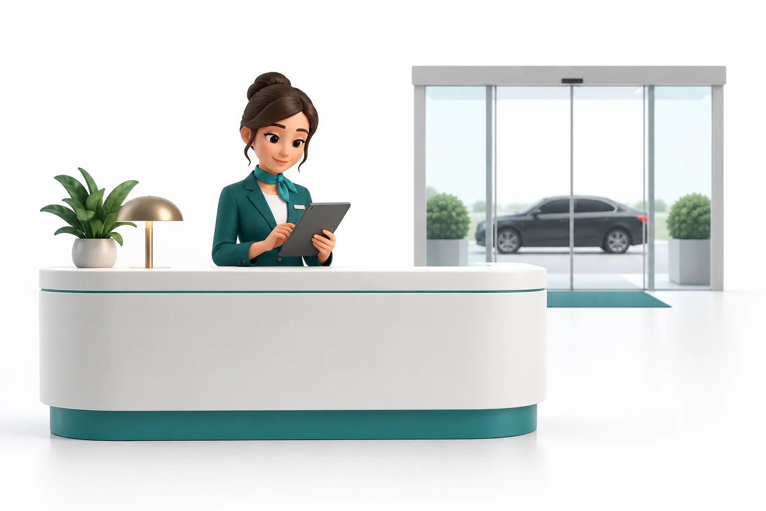 Una recepcionista de hotel reserva un traslado desde una tableta mientras el coche espera fuera.