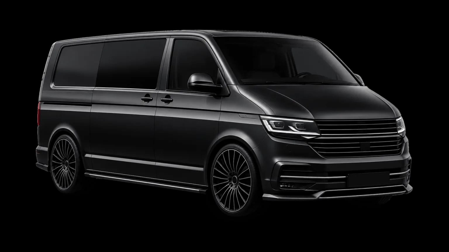Minivan negra, de perfil, para grupos de hasta 8 pasajeros y 6 maletas