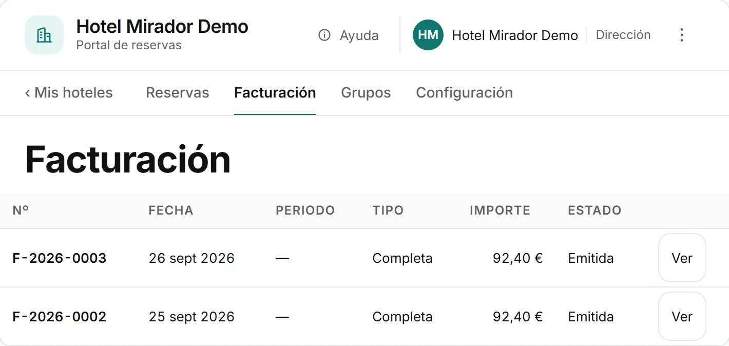 La sección Facturación del portal con las facturas emitidas al hotel y el botón para verlas.