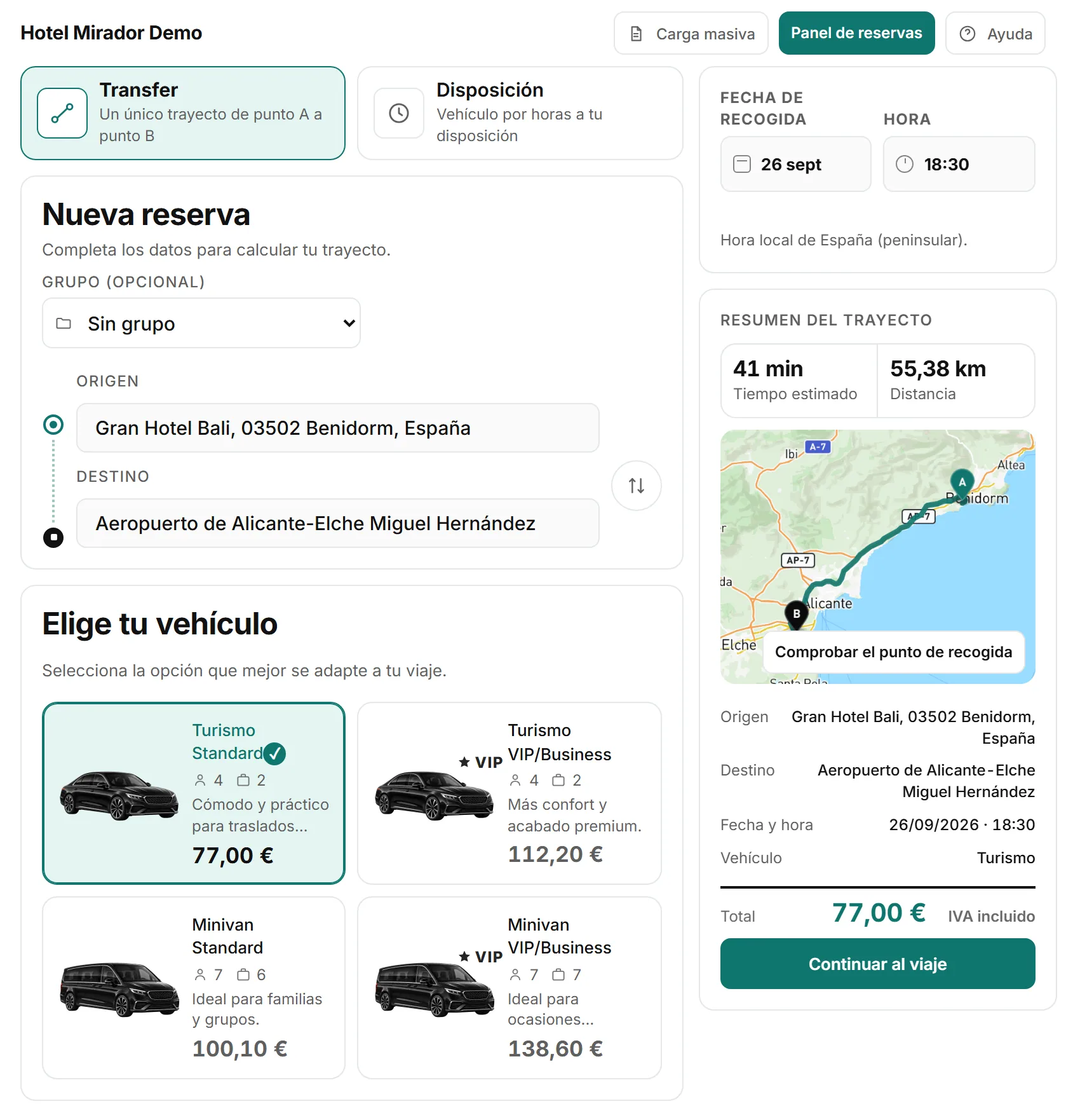 El primer paso de una reserva desde el portal del hotel: recogida, destino, fecha y hora ya puestos, el trayecto en el mapa y el precio de cada vehículo.