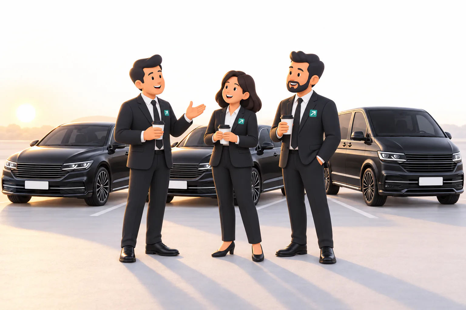 Tres conductores charlan con un café delante de sus tres coches al amanecer.