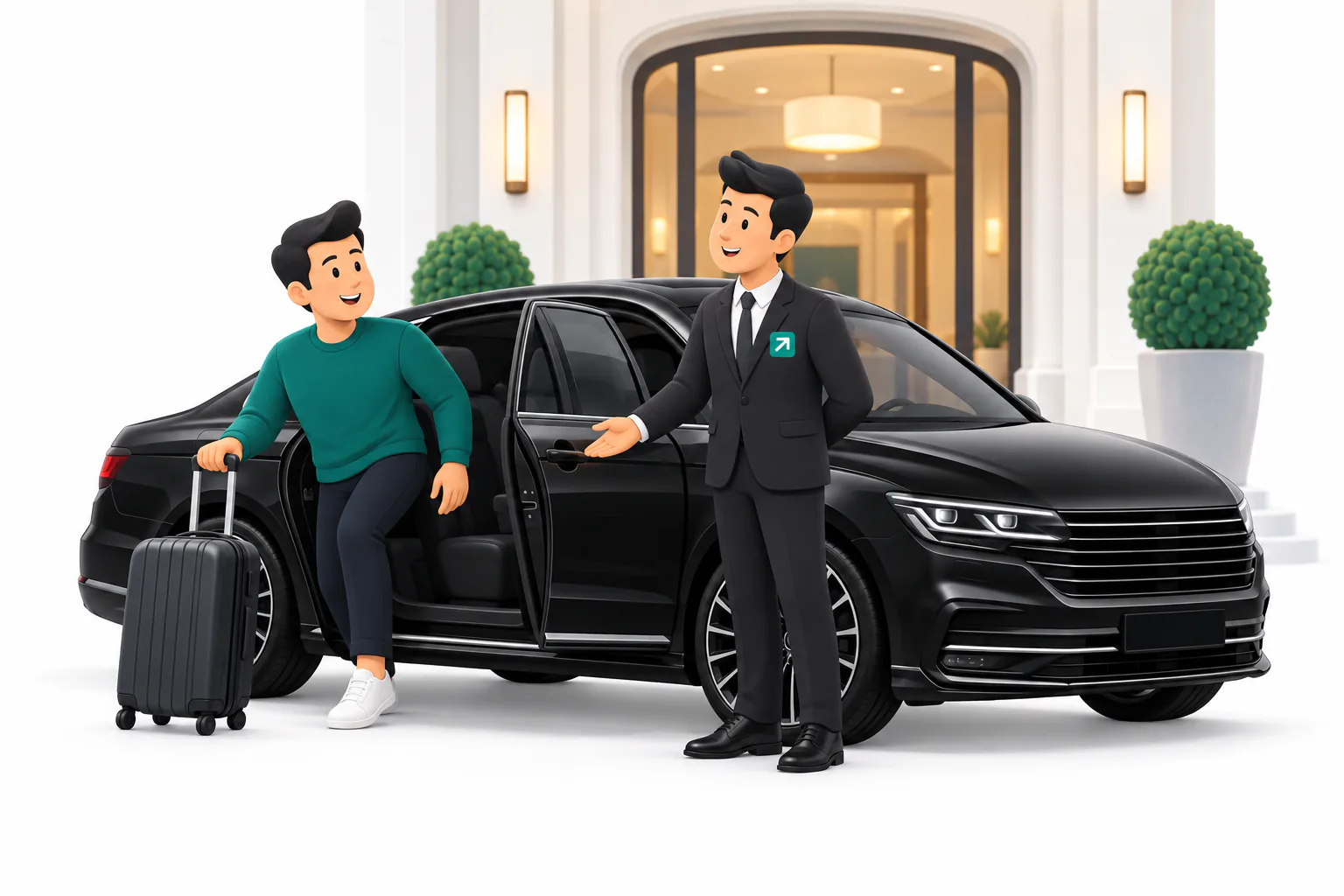Un huésped sale del hotel con su maleta y el conductor le abre la puerta del coche.