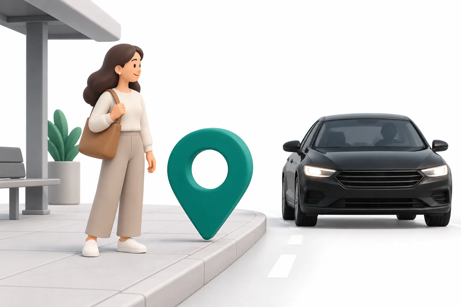 Una pasajera espera en la acera y ve llegar su coche, con un punto de ubicación.