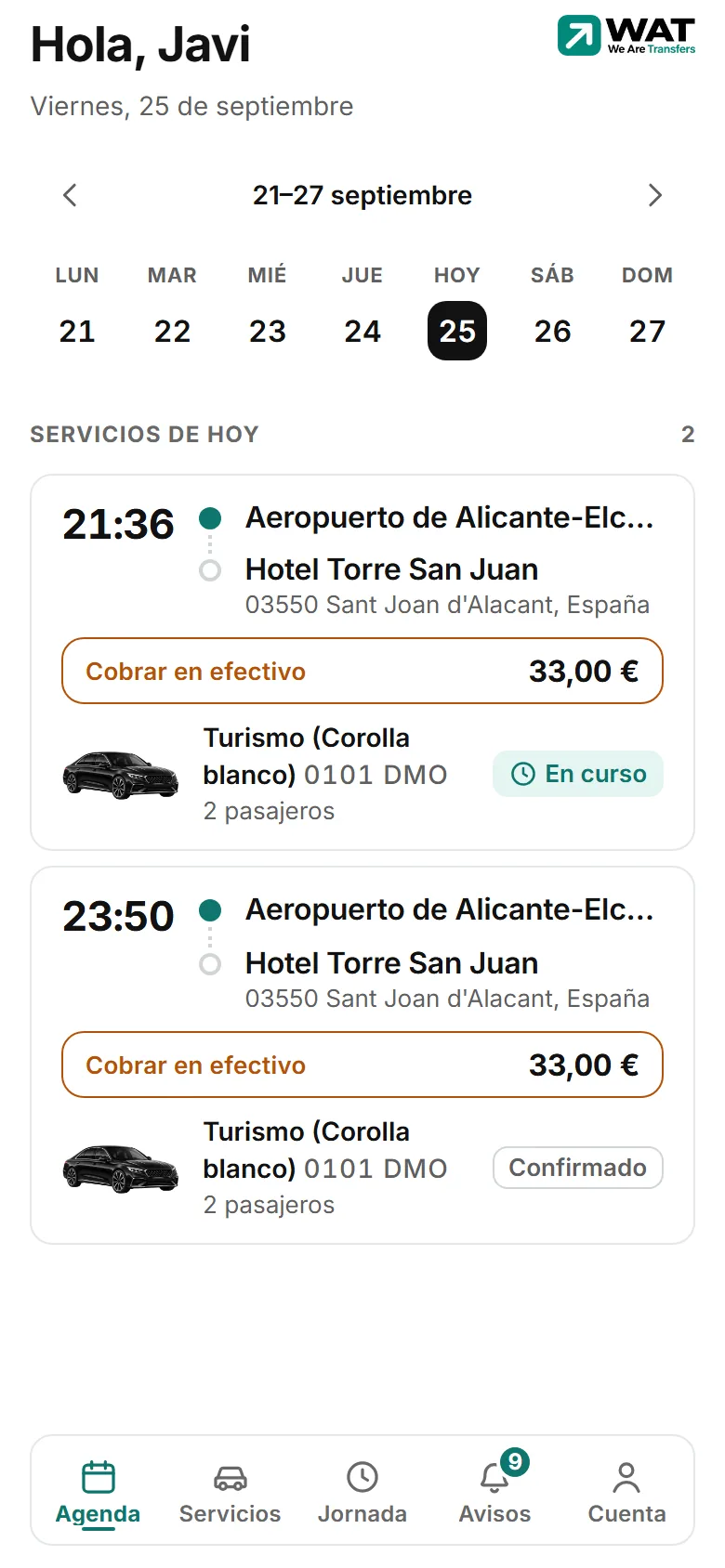 Barra inferior de la app del conductor con cinco botones: Agenda, Servicios, Jornada, Avisos y Cuenta.