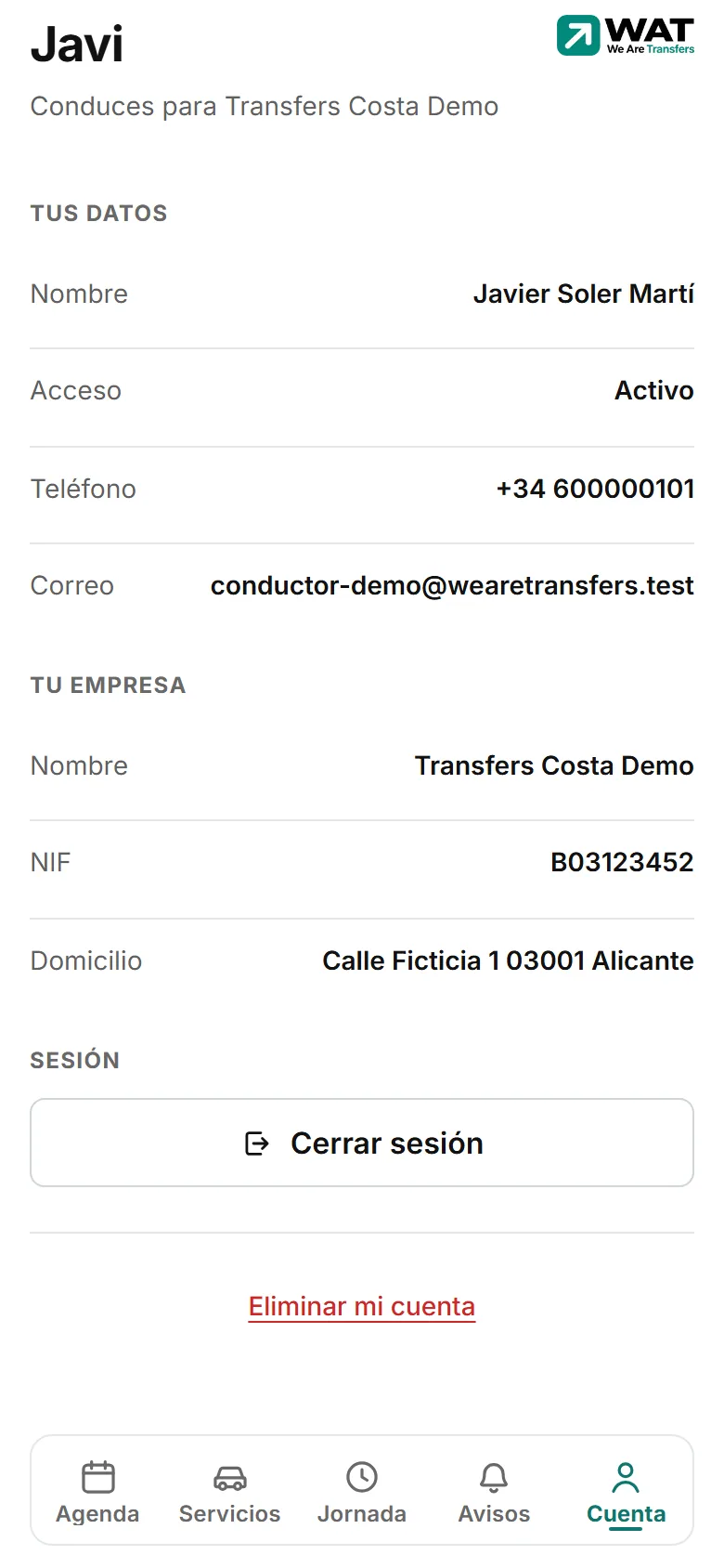 Pantalla Cuenta con «Tus datos», «Tu empresa» y, abajo, «Cerrar sesión» y «Eliminar mi cuenta».