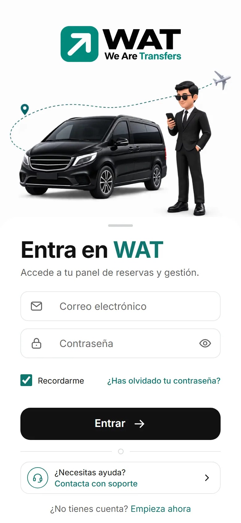 Pantalla de entrada en el móvil con correo, contraseña, «Recordarme» y el enlace «¿Has olvidado tu contraseña?».