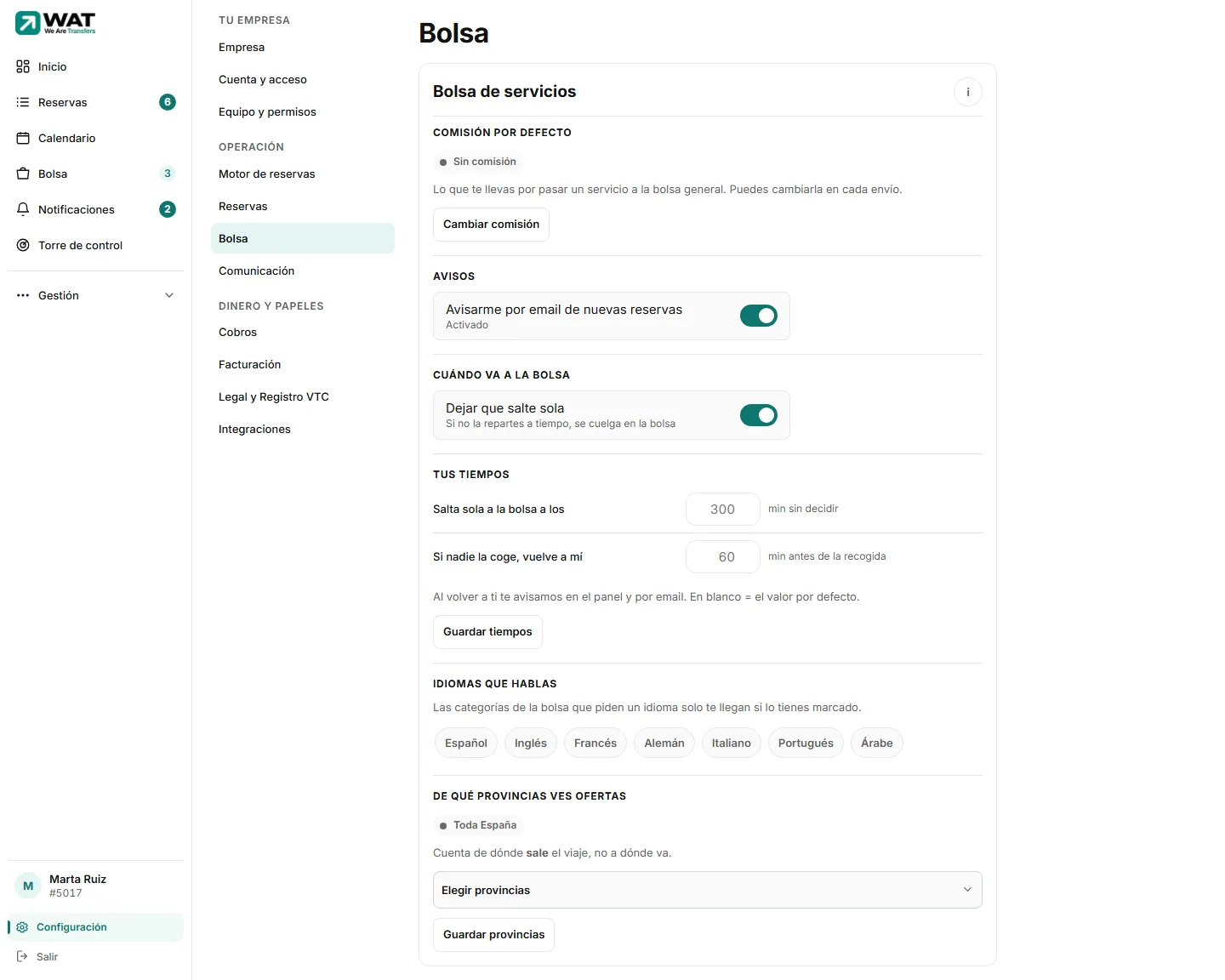 Configuración de la Bolsa: comisión por defecto, «Dejar que salte sola», tus tiempos y provincias.