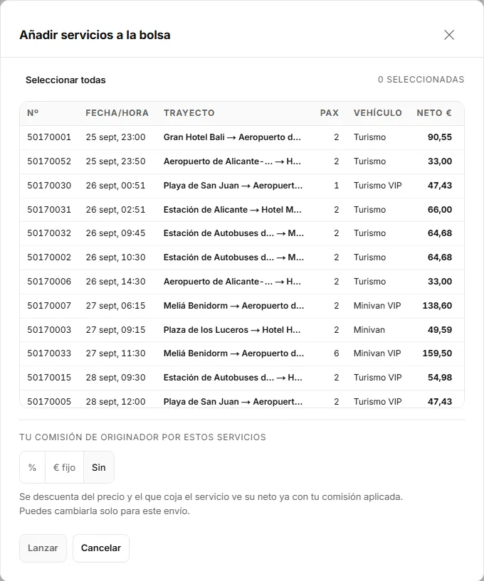 Ventana «Añadir servicios a la bolsa» con la lista de reservas marcables, la comisión de originador y el botón «Lanzar».
