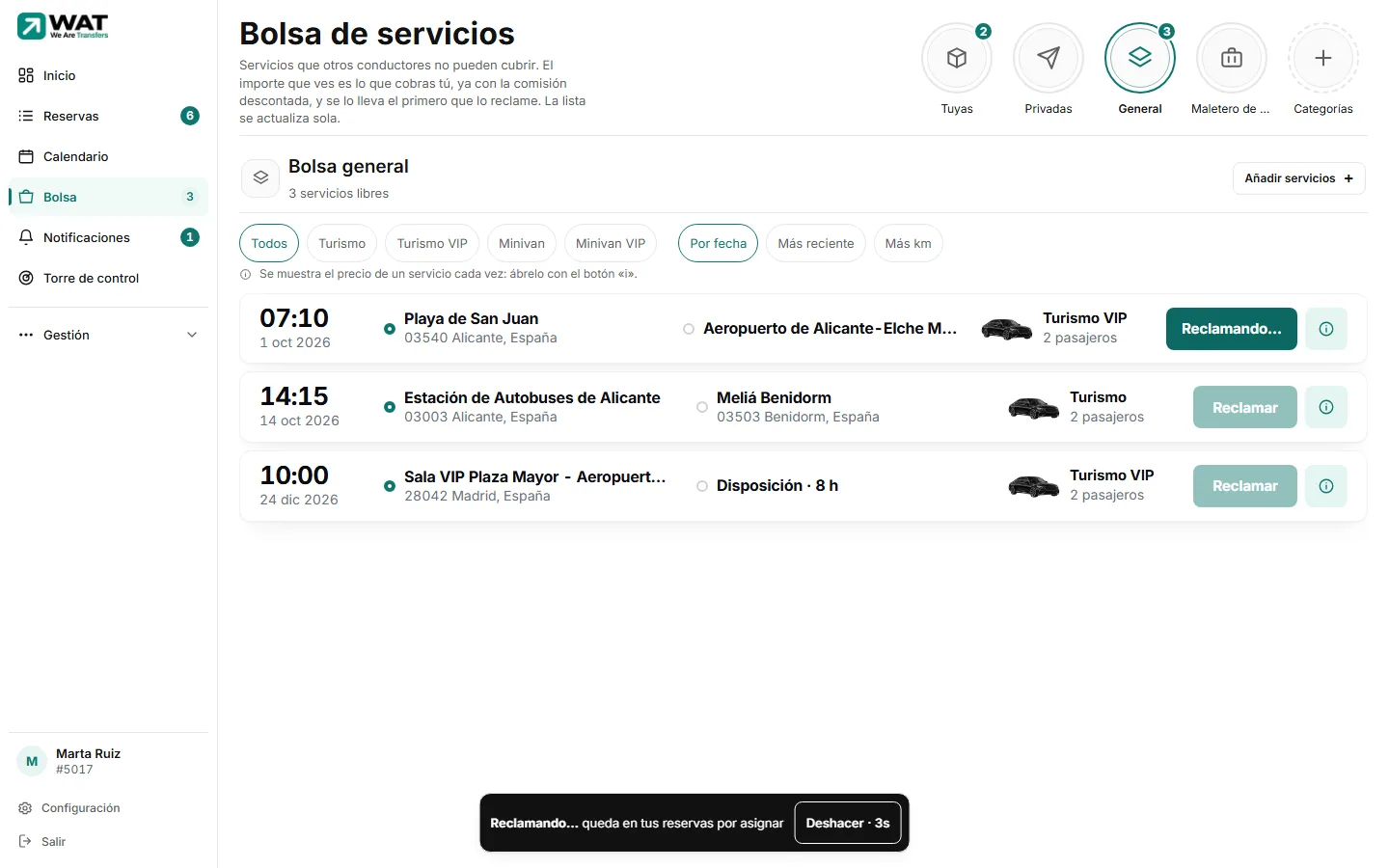 Barra flotante «Reclamando… queda en tus reservas por asignar» con el botón «Deshacer» y la cuenta atrás.