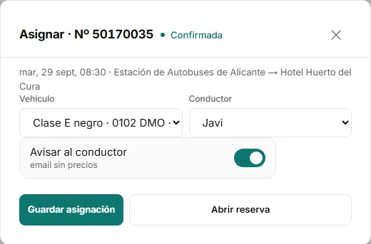 Diálogo «Asignar · Nº» con los desplegables Vehículo y Conductor, el interruptor «Avisar al conductor» y el botón «Guardar asignación».