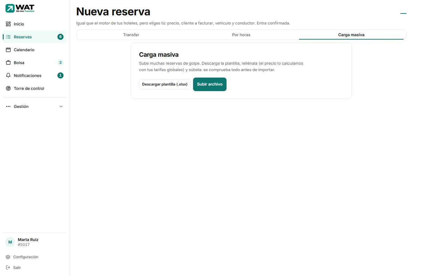 Pestaña «Carga masiva» de Nueva reserva con los botones «Descargar plantilla (.xlsx)» y «Subir archivo».