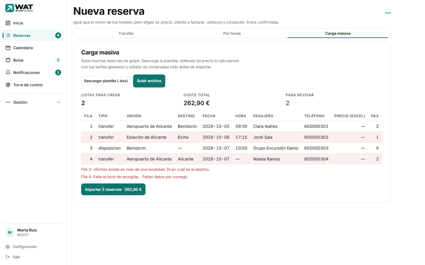 Tabla de revisión de la carga masiva con el resumen arriba, la columna «Estado» y el botón «Importar N reservas».