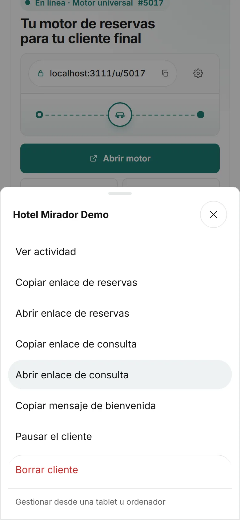 Menú ⋯ de un cliente en el móvil con «Copiar mensaje de bienvenida» y «Copiar acceso de dirección».