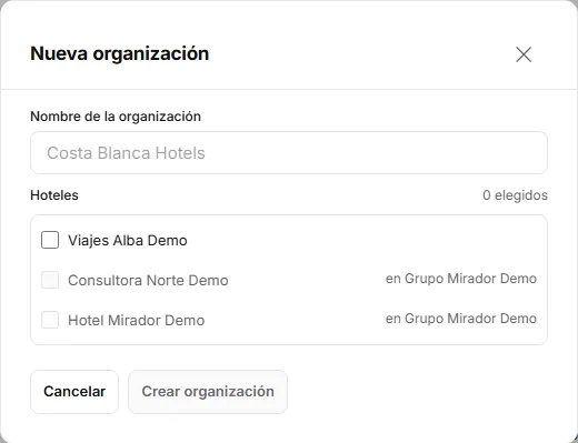 Ventana de nueva organización con el nombre, la lista de hoteles para marcar y el botón «Crear organización».