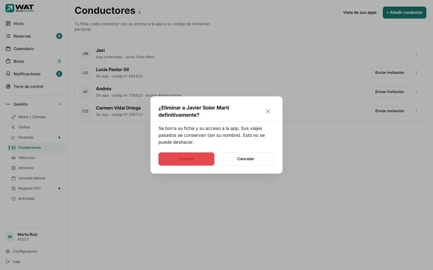 Confirmación «¿Eliminar a … definitivamente?» con el aviso de que se borra su ficha y su acceso a la app, y el botón rojo «Eliminar».