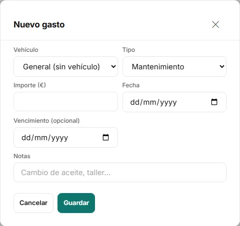 Pantalla de nuevo gasto con los bloques «El justificante», «Lo que pone el ticket» y «A qué corresponde», y la barra de abajo con «Guardar gasto».
