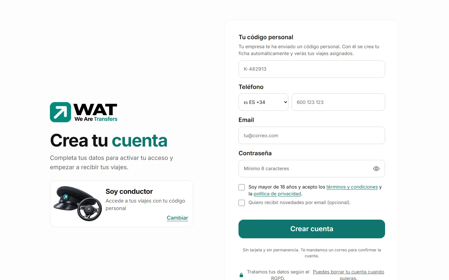 Formulario de registro de conductor con el campo «Tu código personal» señalado, seguido de teléfono, email y contraseña.