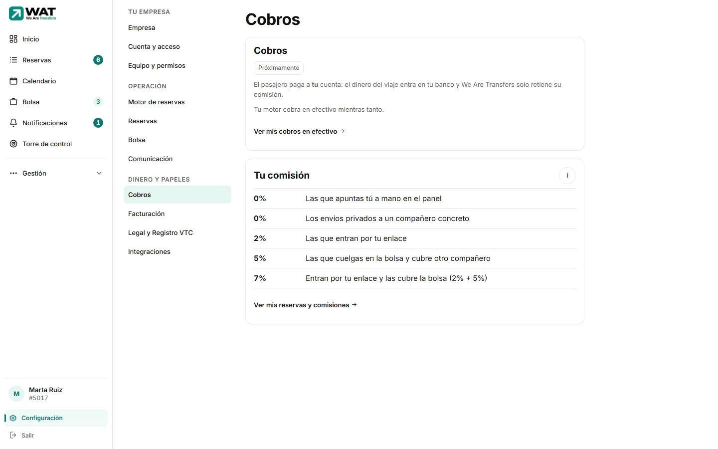 Sección Cobros con la tarjeta «Cobros» marcada como Próximamente y la tarjeta «Tu comisión» con cinco porcentajes.