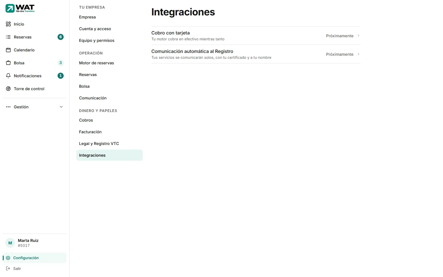 Sección Integraciones con dos filas, «Cobro con tarjeta» y «Servicio Web del Ministerio de Transportes», cada una con su estado.