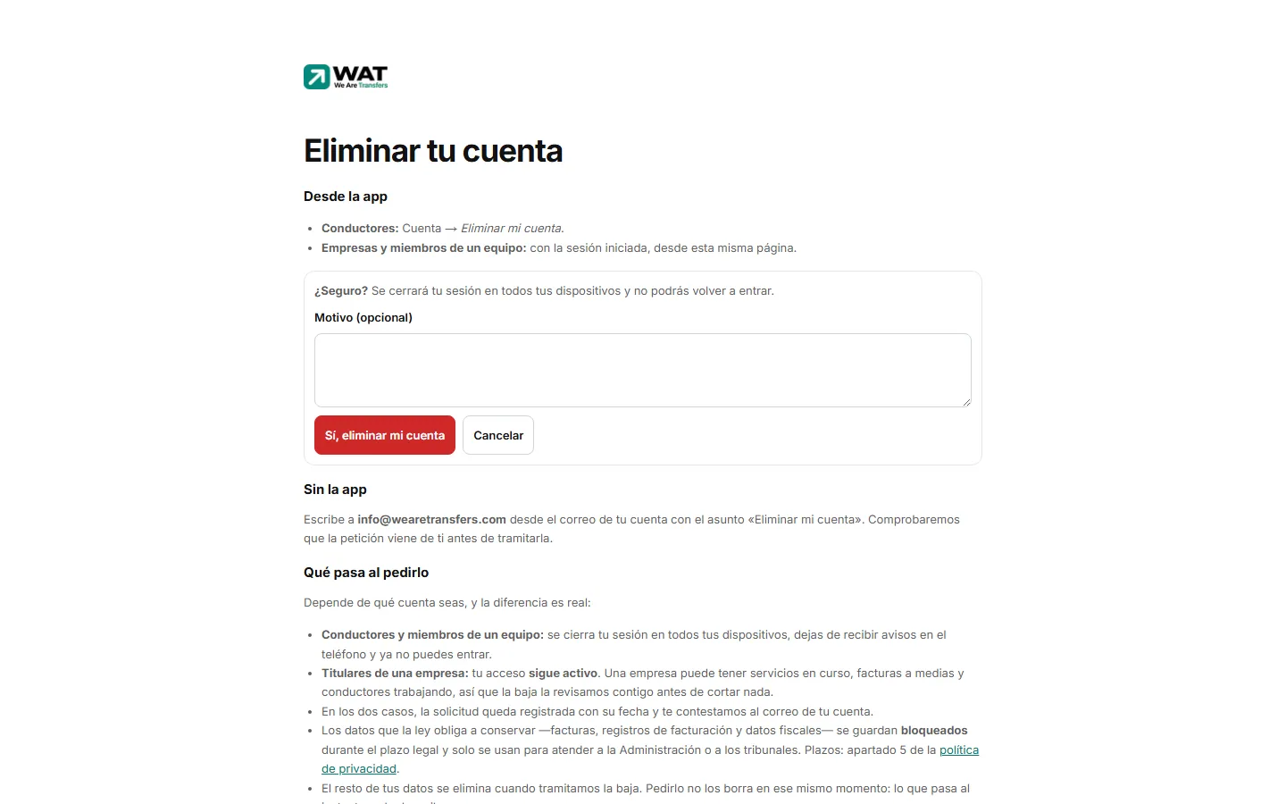 Caja de confirmación «¿Seguro?» con el motivo opcional y el botón «Sí, eliminar mi cuenta».