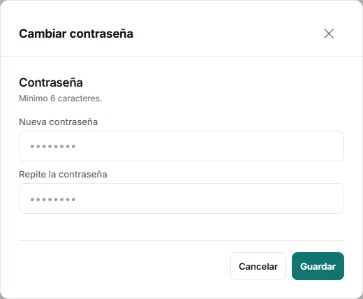 Ventana «Cambiar contraseña» con los dos campos y el botón «Guardar».