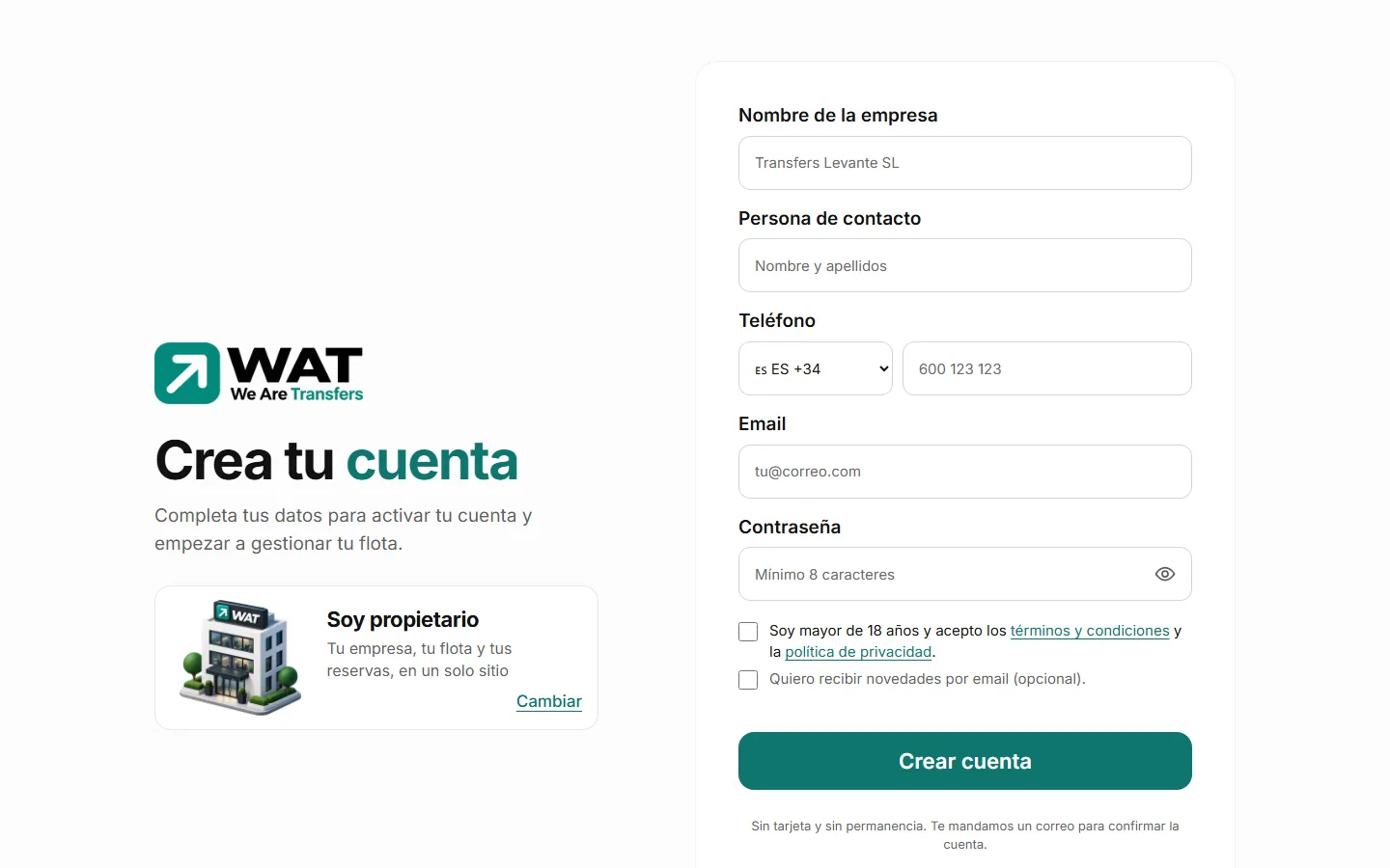 Formulario de registro del propietario: nombre de la empresa, persona de contacto, teléfono, email, contraseña y el botón «Crear cuenta».