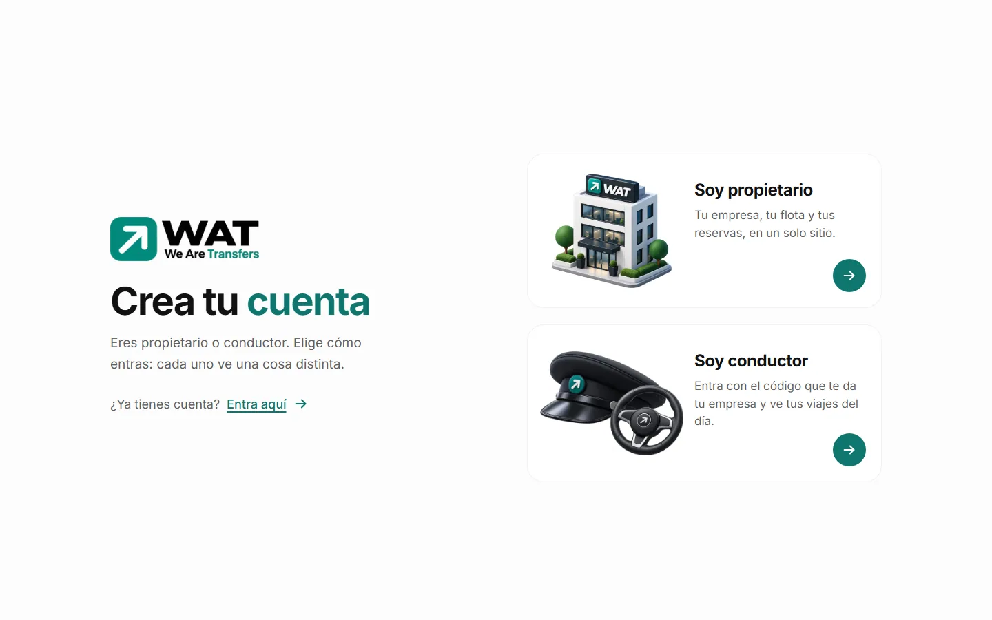 Pantalla «Crea tu cuenta» con dos tarjetas: «Soy propietario» y «Soy conductor».