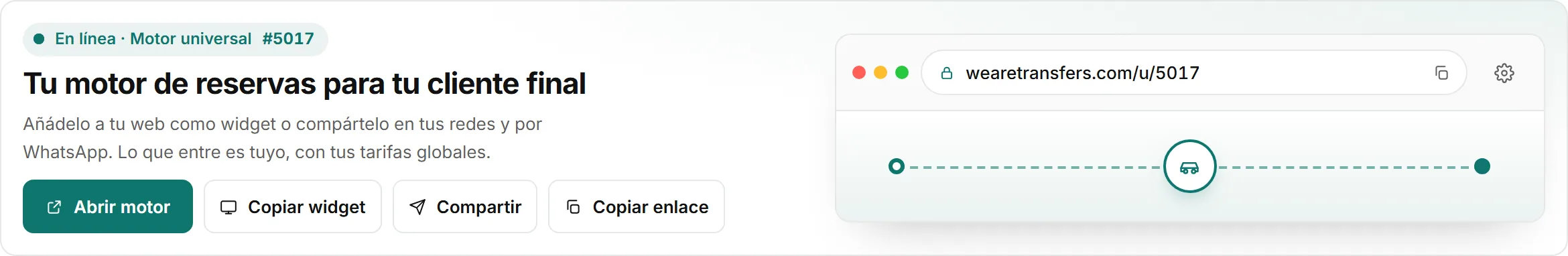 Botón «Copiar widget» señalado en la tarjeta del motor universal.