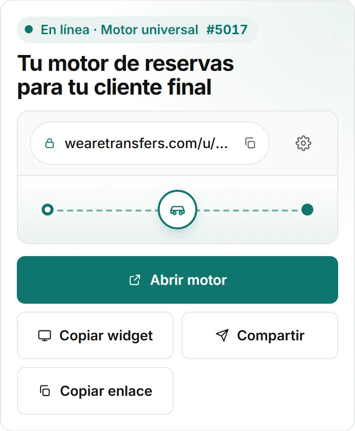 Tarjeta del motor universal en el móvil con el enlace y los botones de compartir.