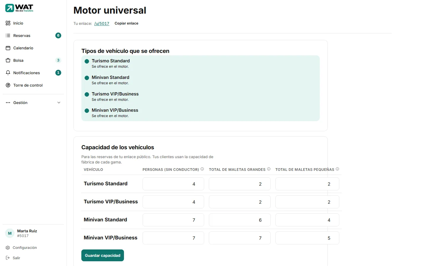 Pantalla «Motor universal» con tu enlace, los cuatro tipos de vehículo y la tabla de capacidad.
