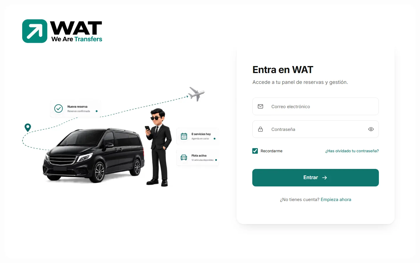 Pantalla «Entra en WAT» con los campos de correo y contraseña, la casilla «Recordarme» y el enlace «¿Has olvidado tu contraseña?».