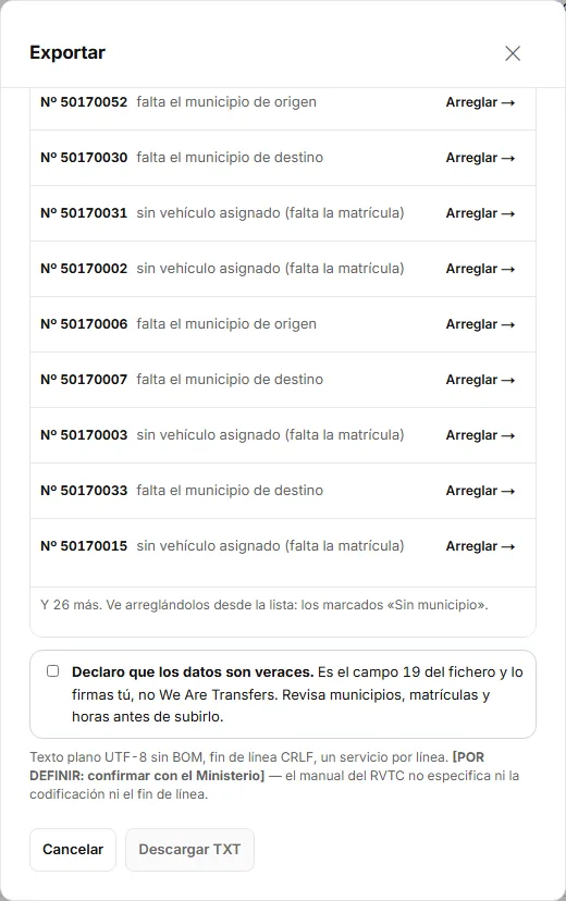 Ventana «Exportar» con las fechas, el recuento de servicios, la lista de los que se quedan fuera con «Arreglar →», la casilla de veracidad y el botón «Descargar TXT».