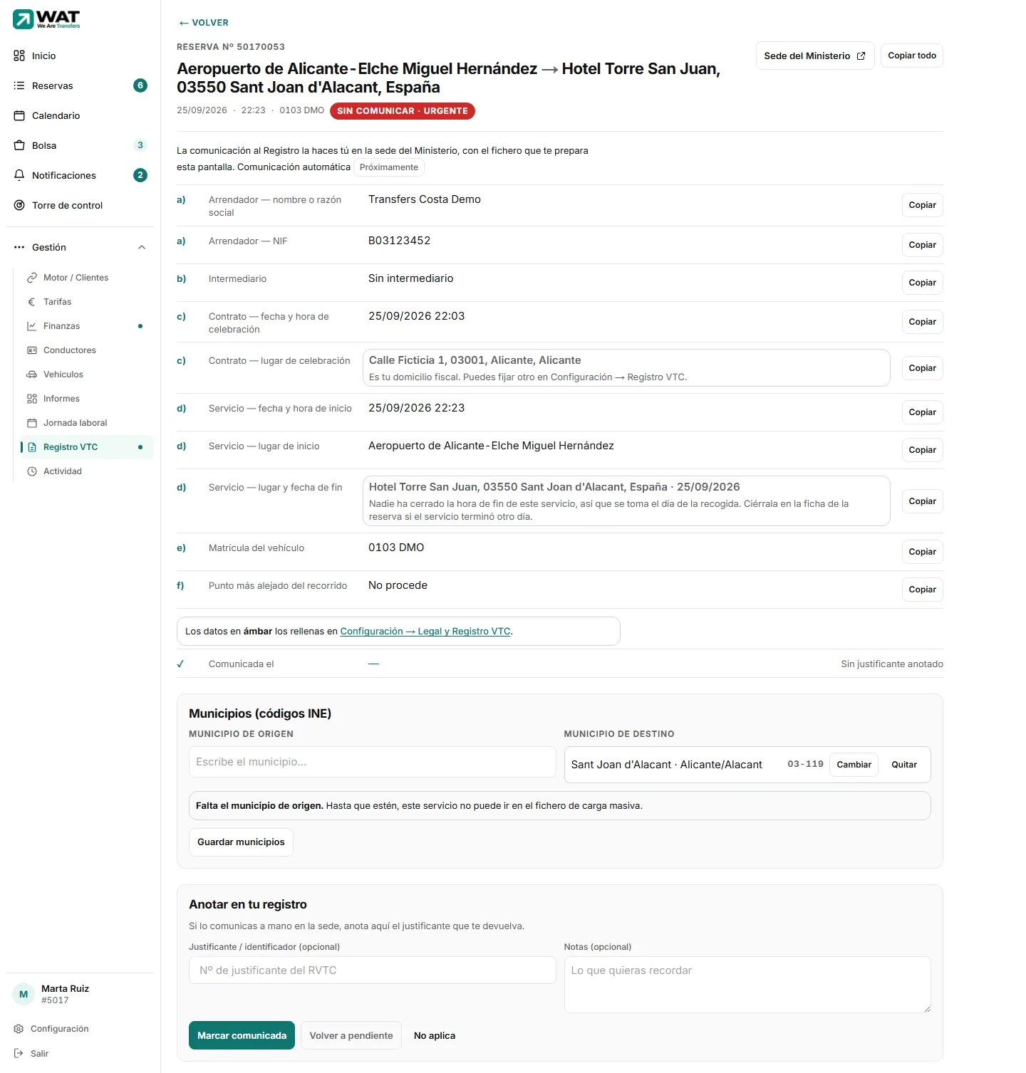 Ficha de un servicio en Registro VTC con los datos a) a f), cada uno con su botón «Copiar», los municipios y el bloque «Anotar en tu registro».