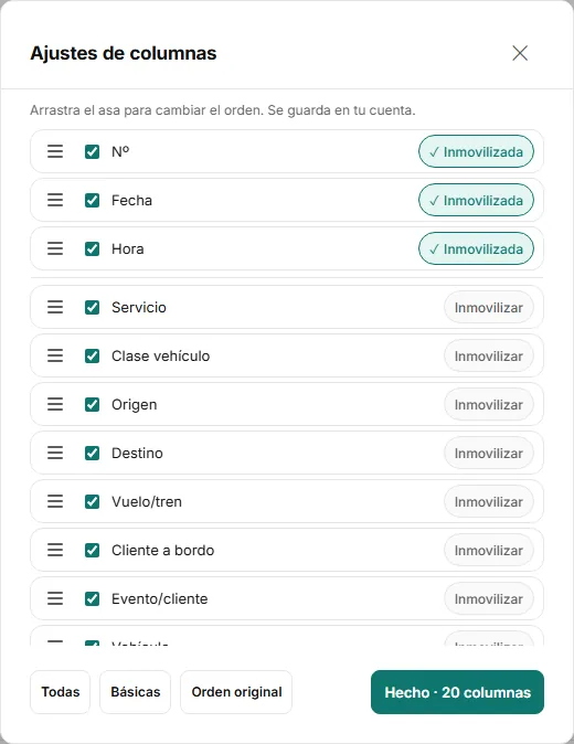Ventana «Ajustes de columnas» con la lista de columnas, sus casillas, el asa para arrastrar y los botones «Inmovilizar».