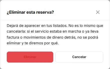 Ventana «¿Eliminar esta reserva?» con el texto de aviso y el botón rojo «Eliminar».