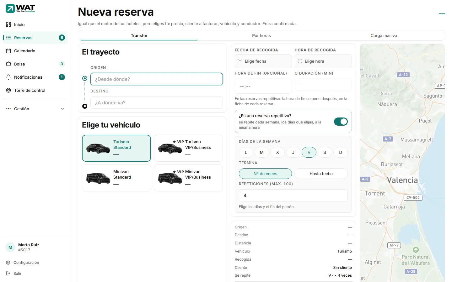 Bloque de reserva repetitiva abierto: días de la semana, «Termina» con «Nº de veces» o «Hasta fecha», y la frase «Se crearán N reservas».