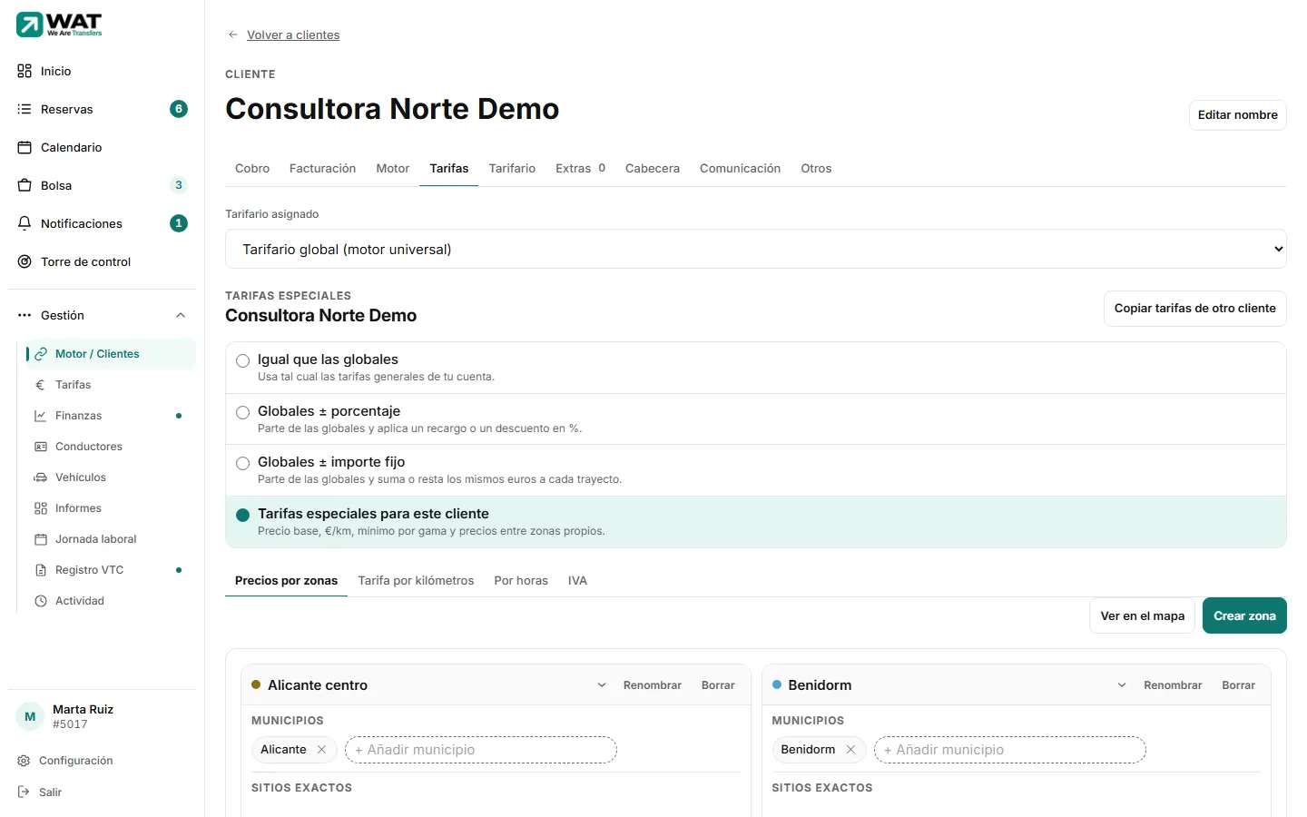 Ficha de un cliente en «Tarifas especiales» con el botón «Copiar tarifas de otro cliente» y las subpestañas «Precios por zonas», «Tarifa por kilómetros», «Por horas» e «IVA».