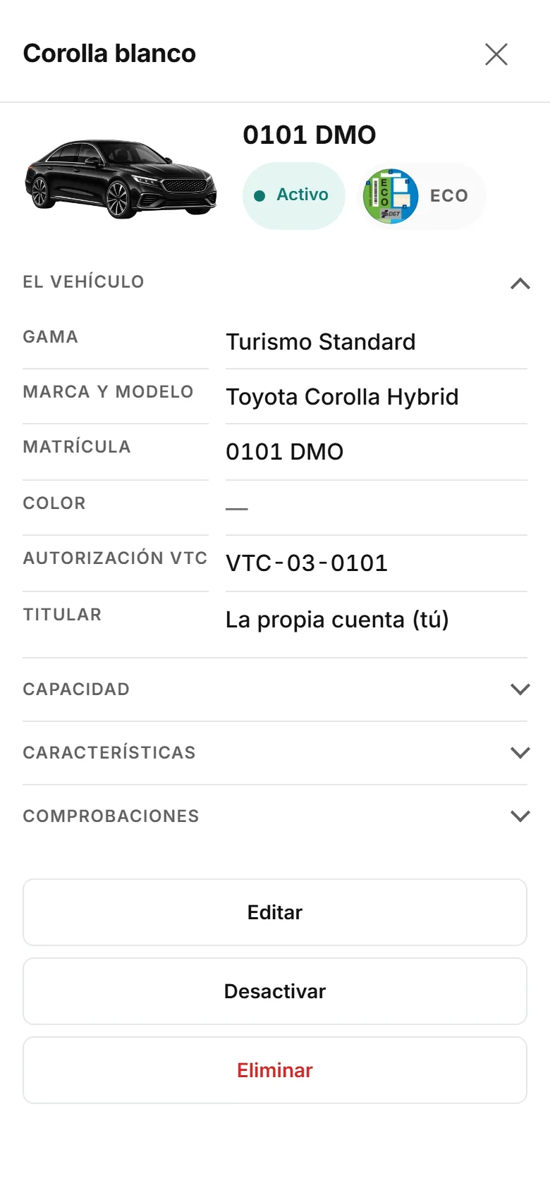Ficha del vehículo en el móvil con el botón «Editar» señalado.