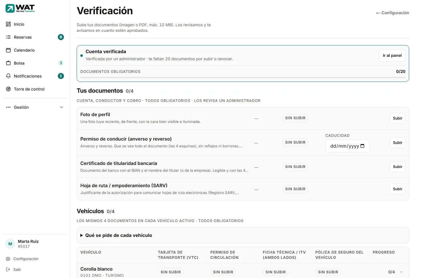 Sección «Vehículos» de la pantalla Verificación con una fila por coche, el estado de cada documento y el progreso.